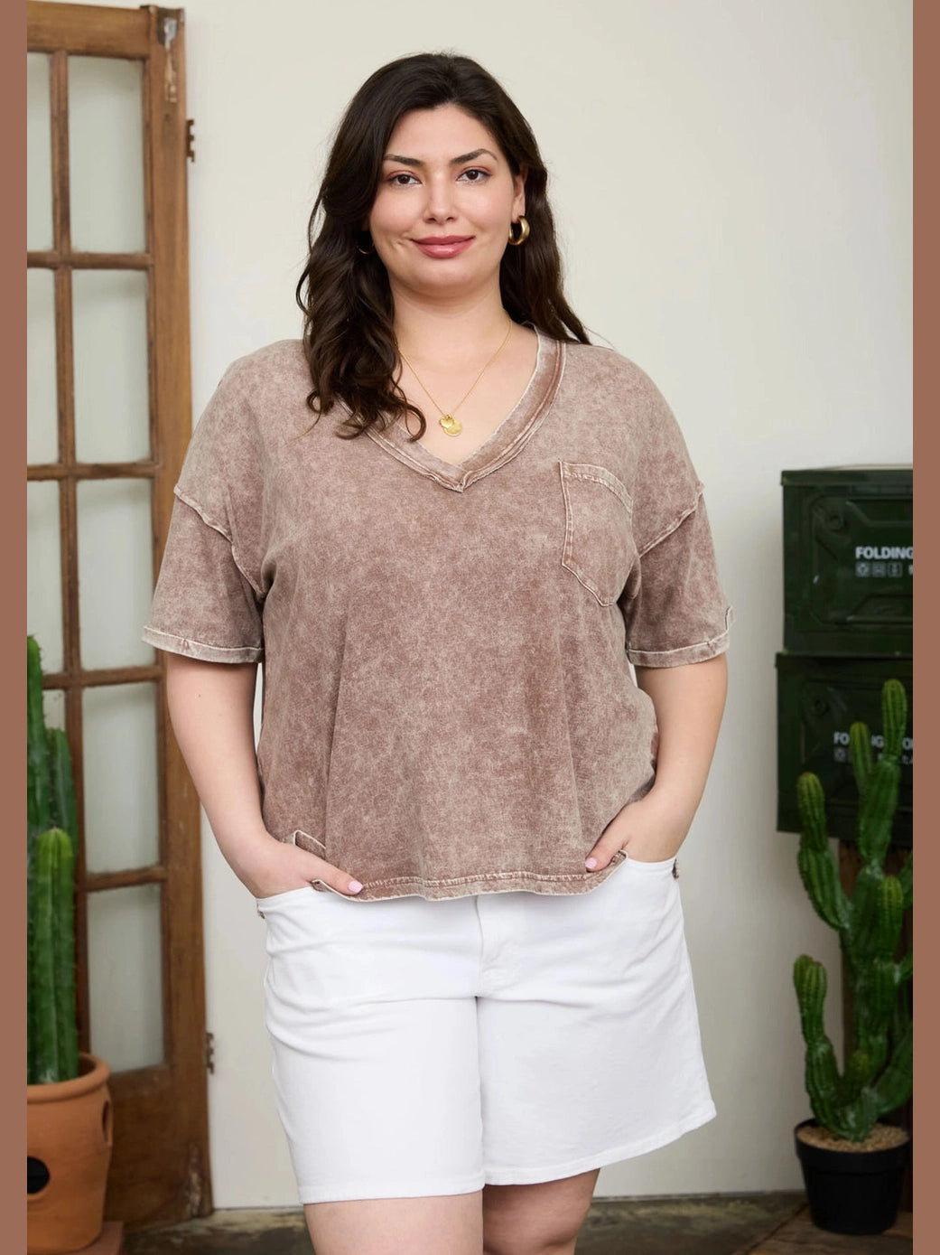 THE CIERRA V NECK MINERAL WASH TOP - brown