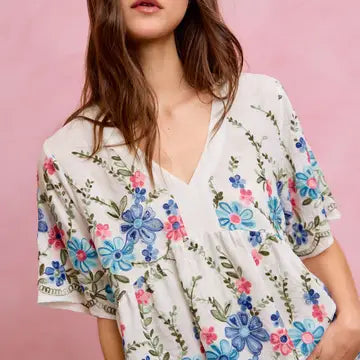 THE PRESLEY BOHO FLORAL EMBROIDERED TOP  - pink/blue