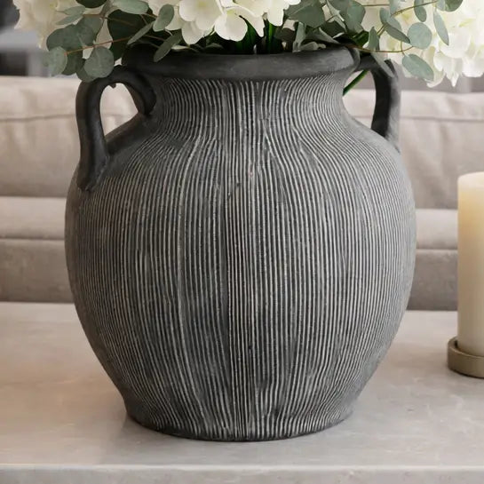 CERAMIC RIBBED TEXTURED HANDLE VASE