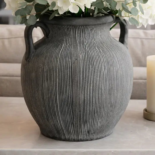 CERAMIC RIBBED TEXTURED HANDLE VASE