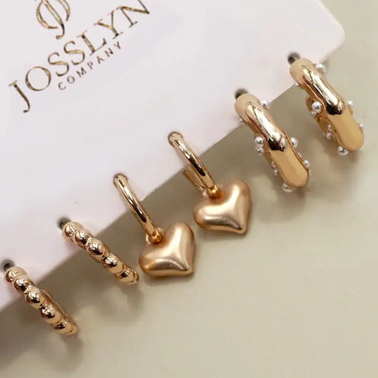 HEART DROP PEARL STUDDED HOOP TRIO EARRINGS - gold