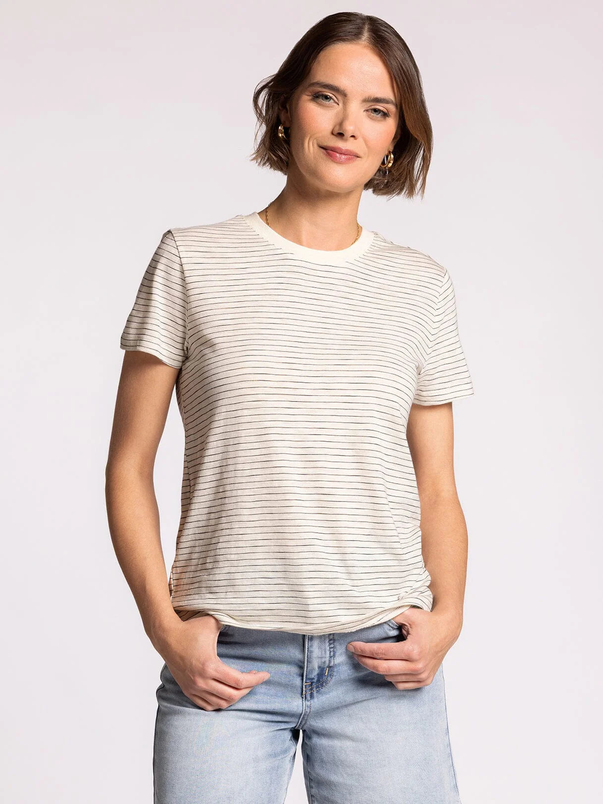 THE SARAH CREW NECK STRIPED TEE - ivory/black