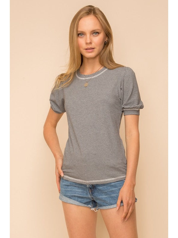 THE NATALIE PINSTRIPE PUFF SHORT SLEEVE TOP