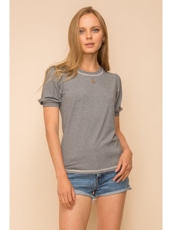 THE NATALIE PINSTRIPE PUFF SHORT SLEEVE TOP