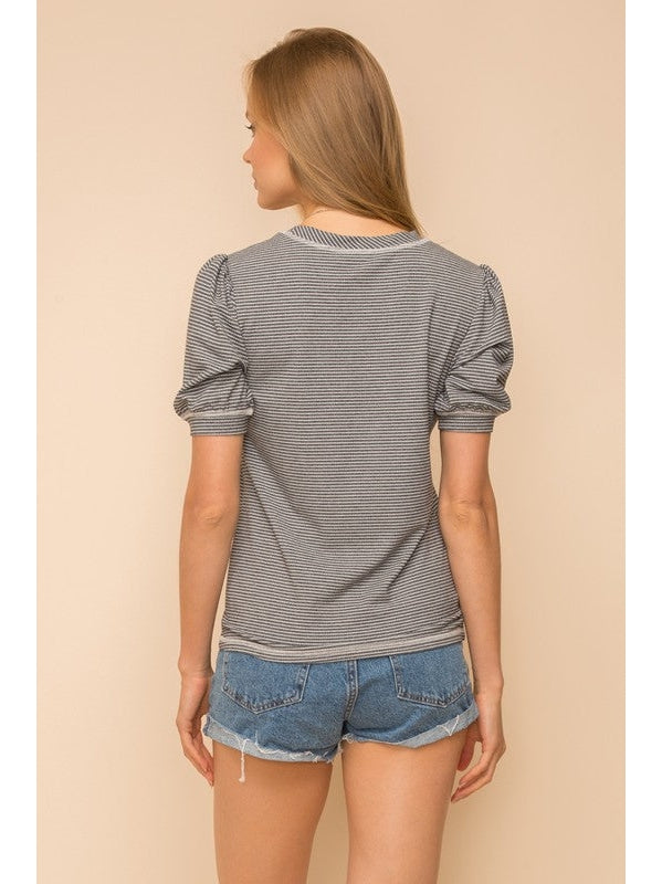 THE NATALIE PINSTRIPE PUFF SHORT SLEEVE TOP