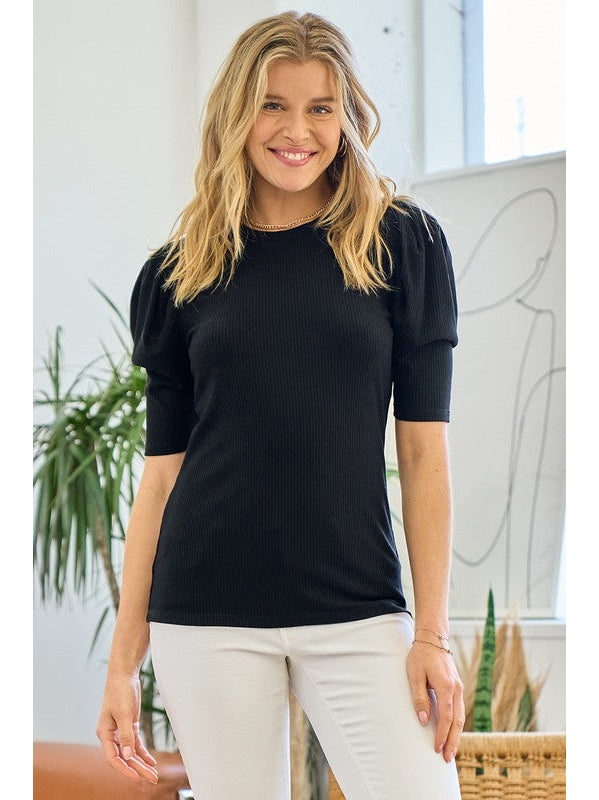 THE BRIT PLEAT SHIRRING SLEEVE TOP - black