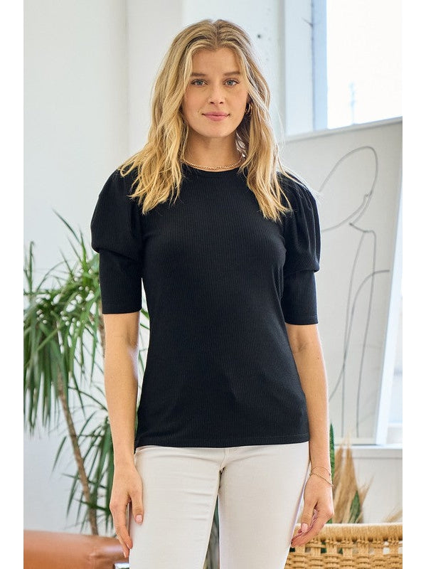 THE BRIT PLEAT SHIRRING SLEEVE TOP - black