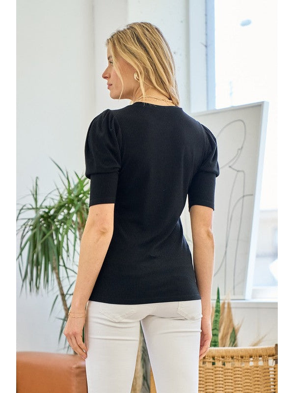 THE BRIT PLEAT SHIRRING SLEEVE TOP - black