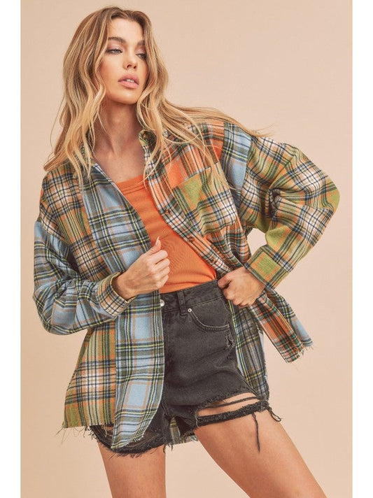 THE NOELLE PATCHWORK PLAID BUTTON DOWN SHIRT - orange/sky