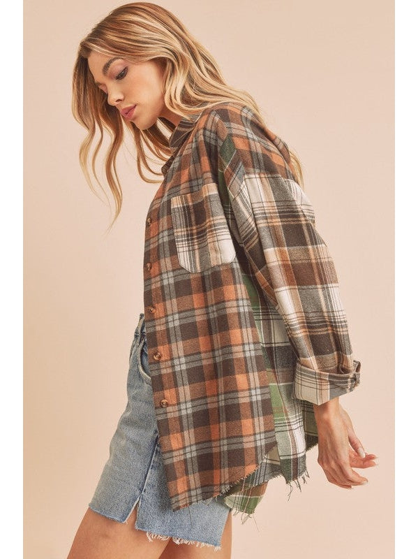 THE NOELLE PATCHWORK PLAID BUTTON DOWN SHIRT - brown/olive