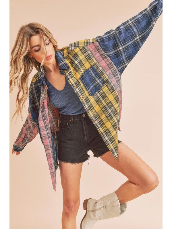 THE NOELLE PATCHWORK PLAID BUTTON DOWN SHIRT - pink/blue