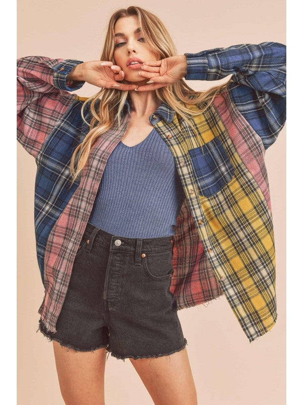THE NOELLE PATCHWORK PLAID BUTTON DOWN SHIRT - pink/blue