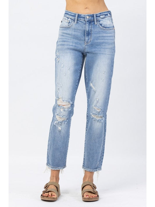 THE TERRA 90'S SLIM STRAIGHT DISTRESSED ANKLE JEANS