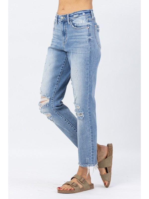 THE TERRA 90'S SLIM STRAIGHT DISTRESSED ANKLE JEANS