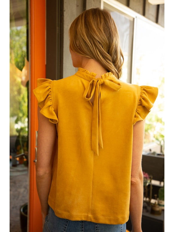 THE DAPHNE FAUX SUEDE RUFFLE SLEEVE TOPS - mustard