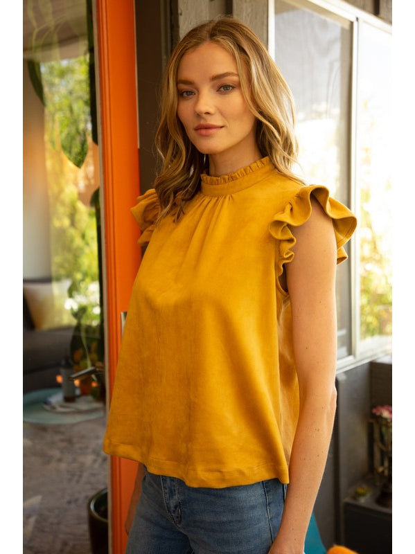 THE DAPHNE FAUX SUEDE RUFFLE SLEEVE TOPS - mustard