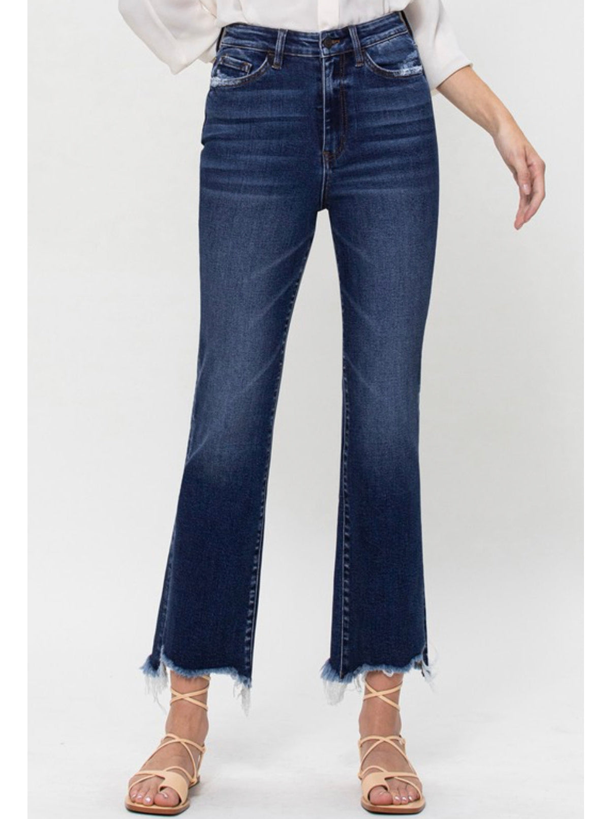 THE CALI DARK WASH UNEVEN HEM STRAIGHT DENIM