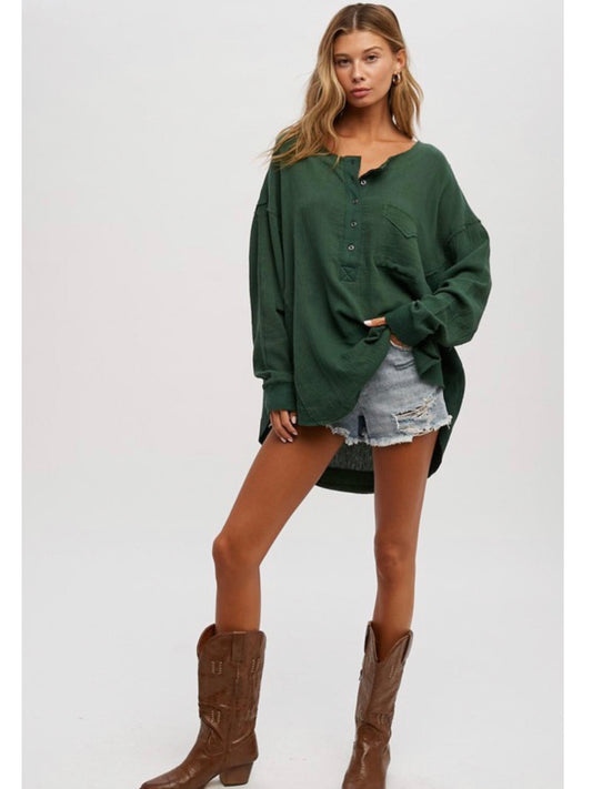 THE LARK HENLEY COTTON GAUGE TUNIC - green