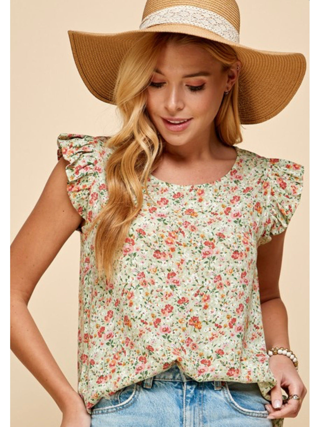 THE WHITNEY RUFFLE SLEEVE TOP - sage