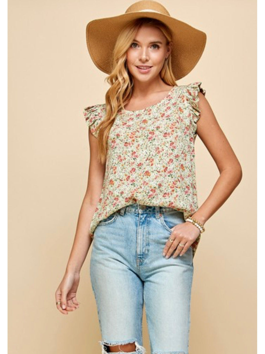 THE WHITNEY RUFFLE SLEEVE TOP - sage