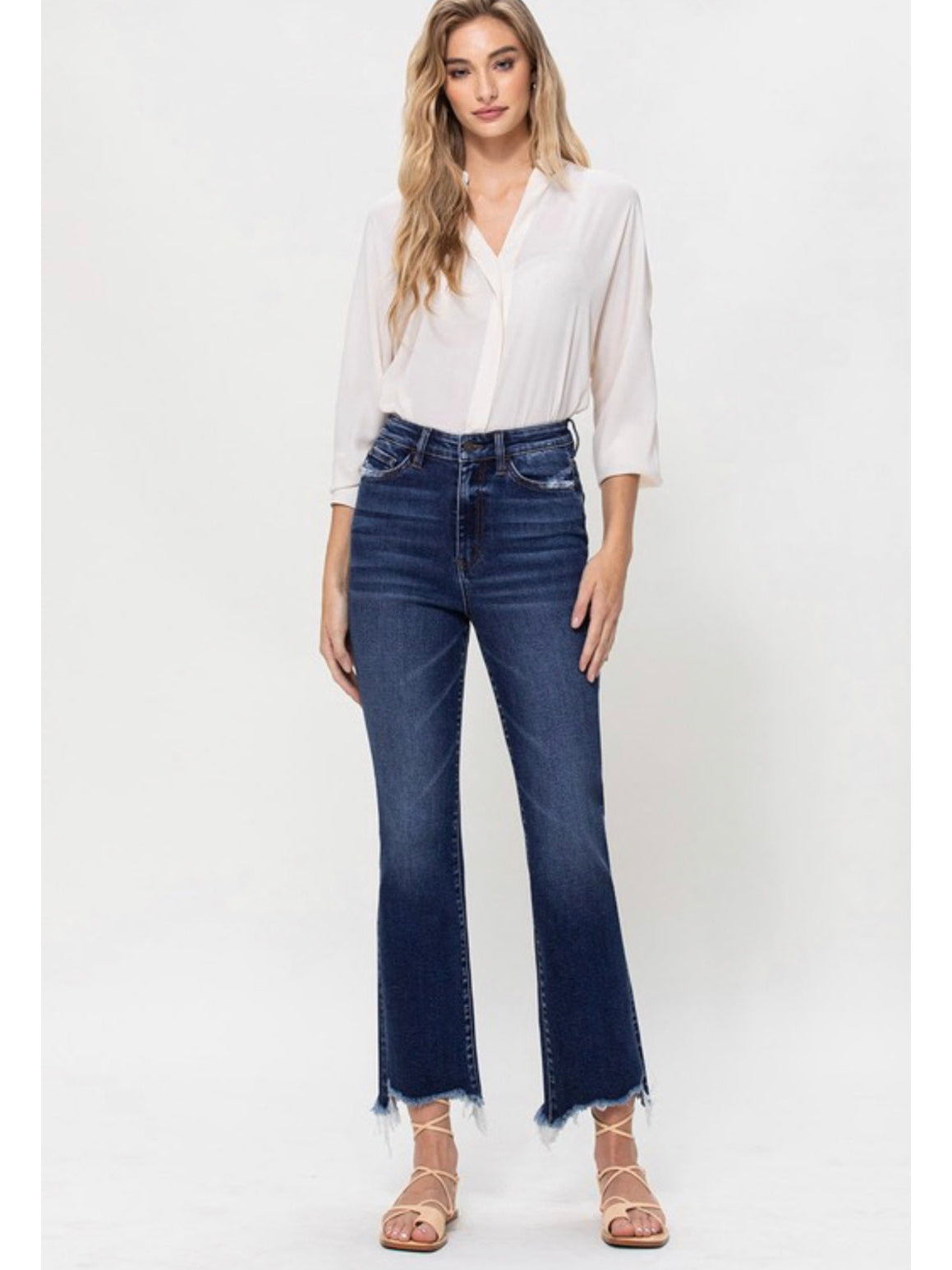 THE CALI DARK WASH UNEVEN HEM STRAIGHT DENIM