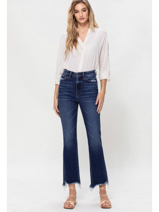 THE CALI DARK WASH UNEVEN HEM STRAIGHT DENIM